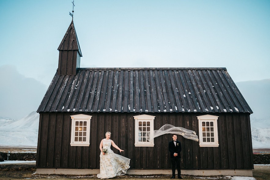 Black church at Búðir in west Iceland is a popular location for wedding ceremonies