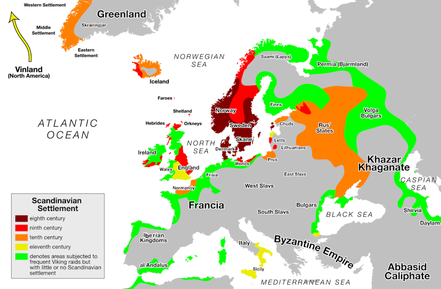 Eine Karte, die die Expansion der Wikinger über die Jahrhunderte hinweg zeigt.