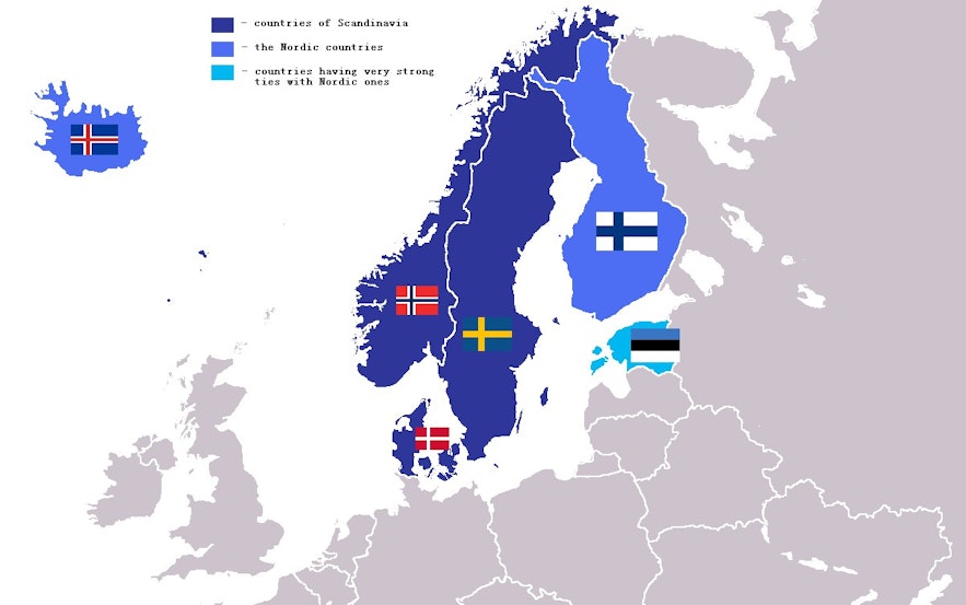 A map showing Nordic counties in dark blue, and those with strong ties in pale blue.