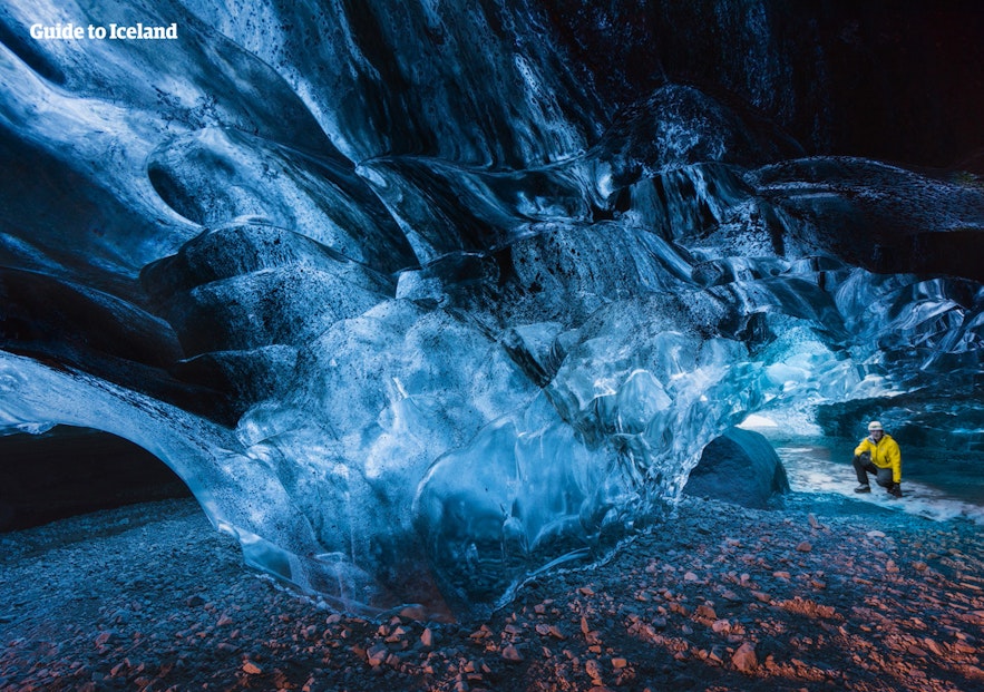 A dazzling blue ice cave inside of a glacier in Iceland.