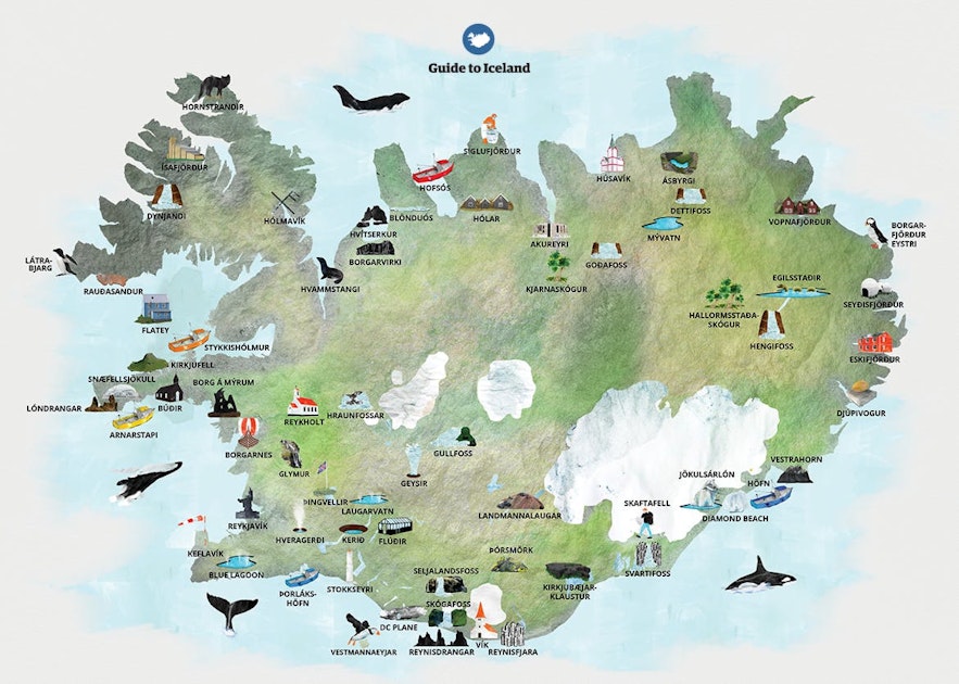 Un mapa con algunas de las atracciones que se encuentran cerca de la carretera de circunvalación de Islandia.