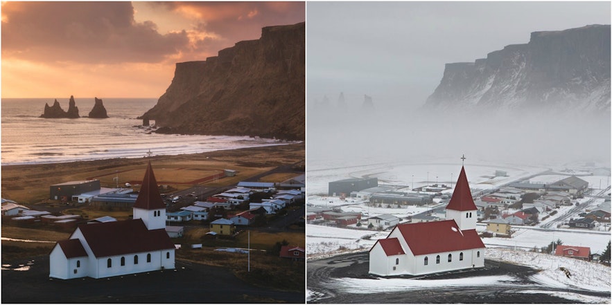 This image shows the seasonal difference of landscapes at Vík.