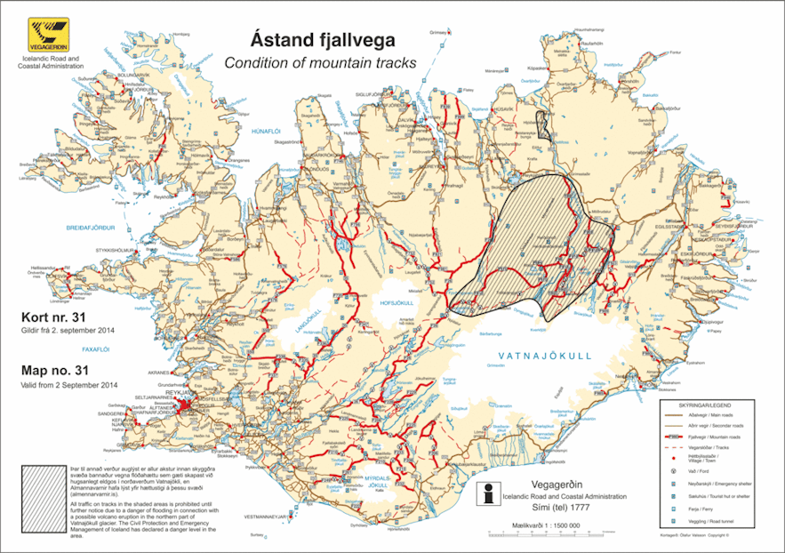 地图上用红色标记了冰岛的各种F级公路。