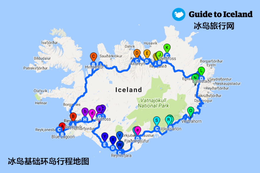 基础环岛行程地图－8天7夜自驾冰岛