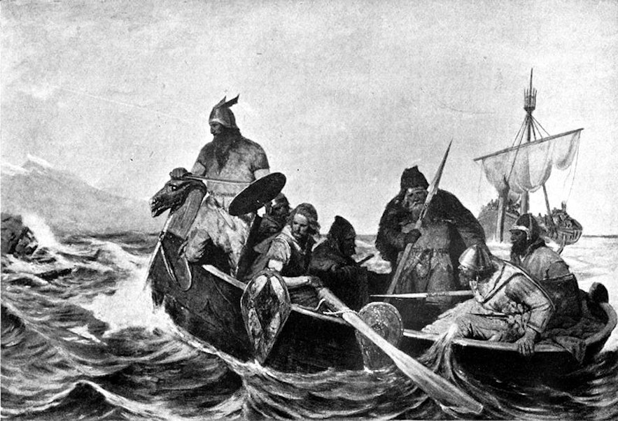 Norsemen arriving by boat to Iceland.