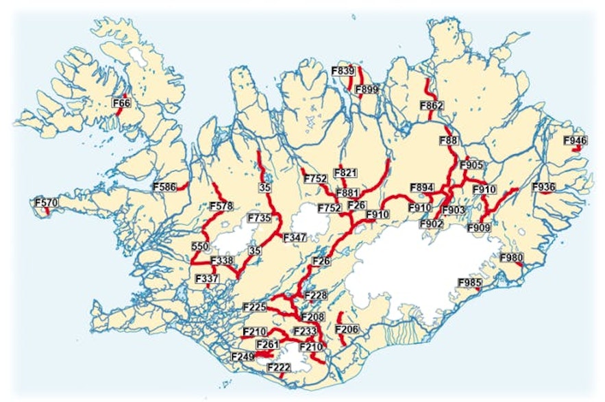 Map of the highland "F roads" in Iceland