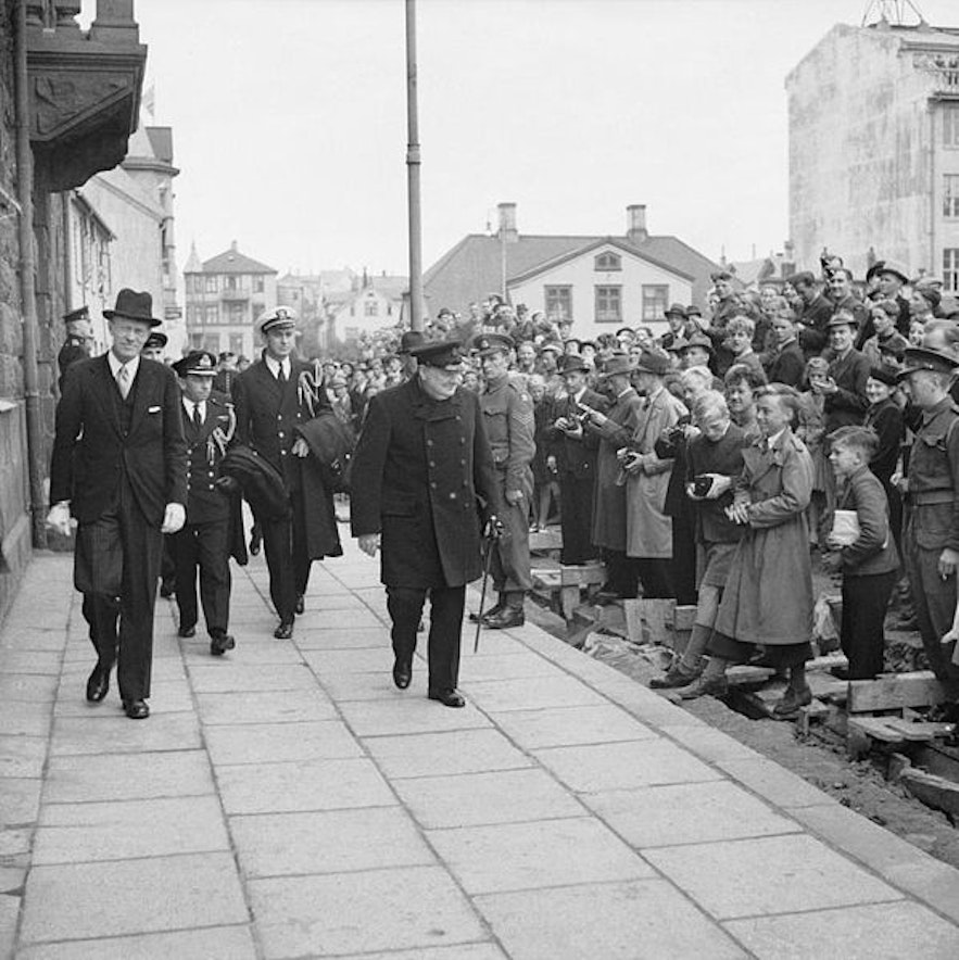 Winston Churchill outside of the Parliament House in Iceland's capital, Reykjavik.