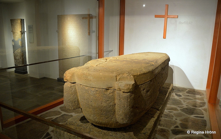 Stone coffin found during the excavation for the foundations for the Cathedral in Skálholt