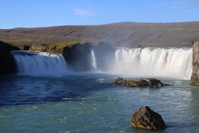 Godafoss, The Waterfall of the Gods, is a delightful waterfall spanning 98 feet (30 meters) in a semi-circle.