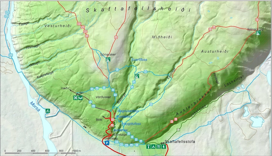 Carte du parc et des sentiers de randonnée à Skaftafell