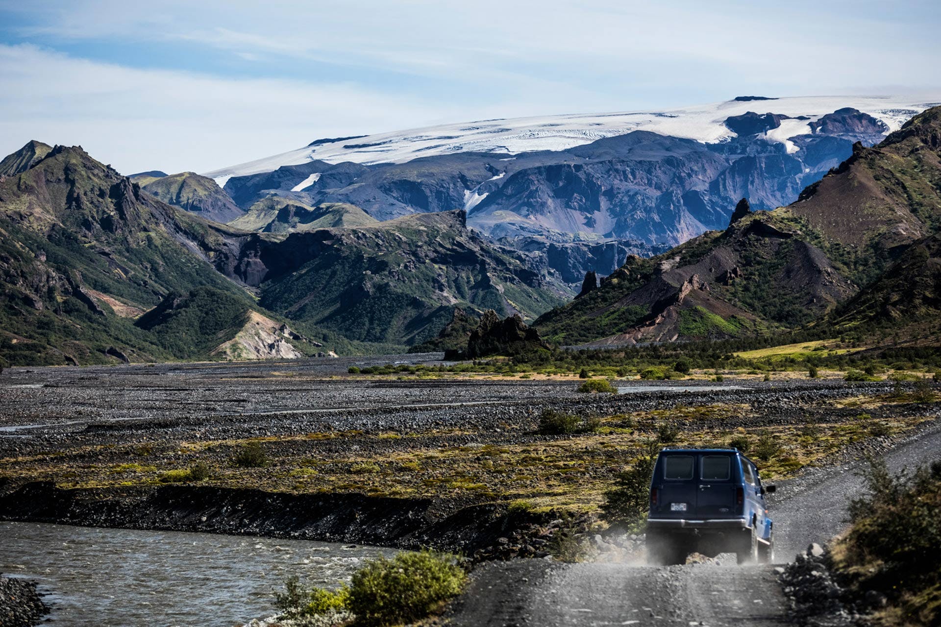 Drive past mighty glaciers and icy rivers to get to the beautiful Þórsmörk valley in the Icelandic Highlands.