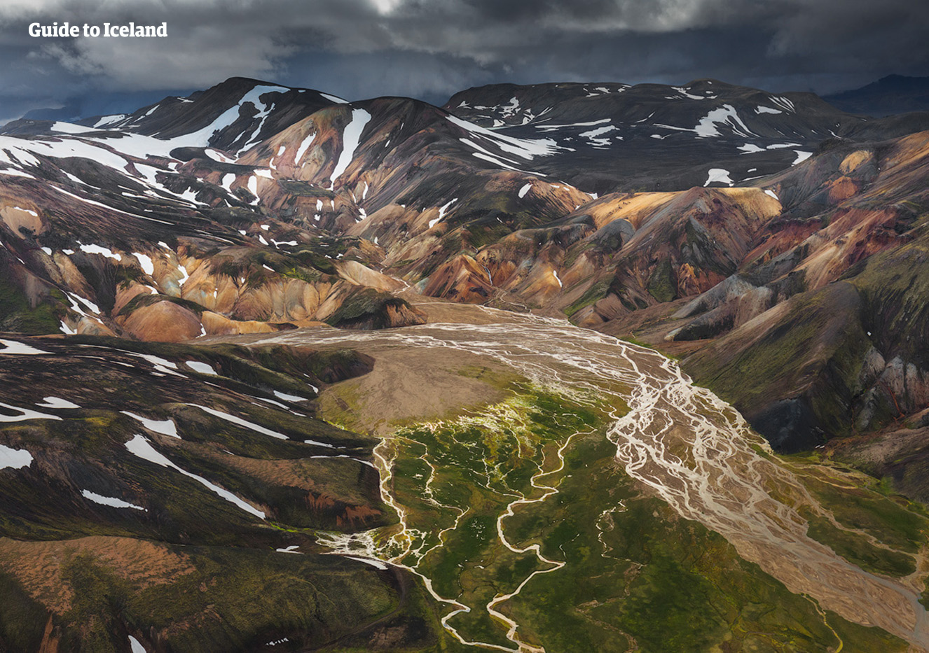 An aerial perspective over the stunning central highlands of Iceland.