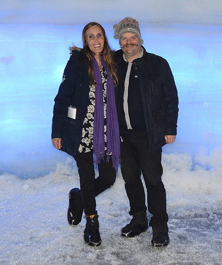 Inside the Ice Cave Tunnel in Langjökull Glacier in Iceland - Into the Glacier Regína and her husband Jón