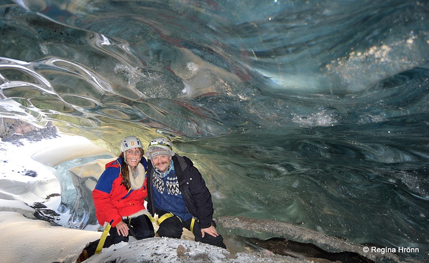 Regína with her husband Jón inside Fláajökull ice cave