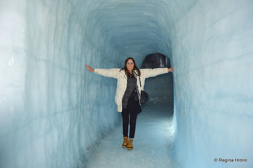 Regína inside the Ice Cave Tunnel in Langjökull Glacier in Iceland - Into the Glacier