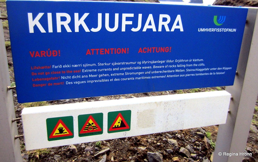 The Kirkjufjara sign with warnings