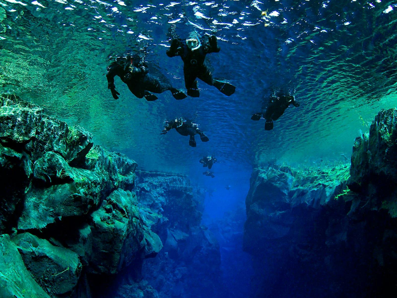 Snorkel a través de dos continentes en la grieta de Silfra en el Parque Nacional Þingvellir.