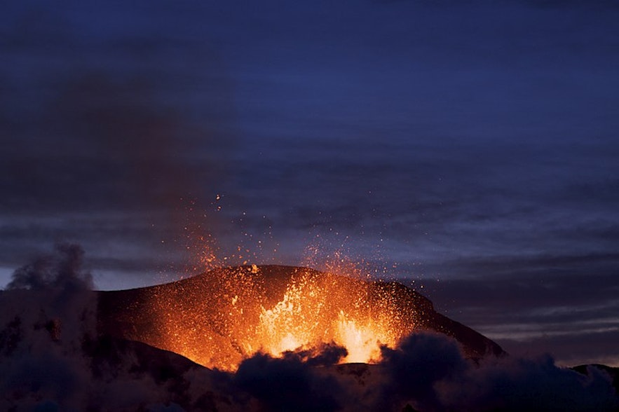 Lava and ash spouting from the caldera of Eyjafjallajökull.