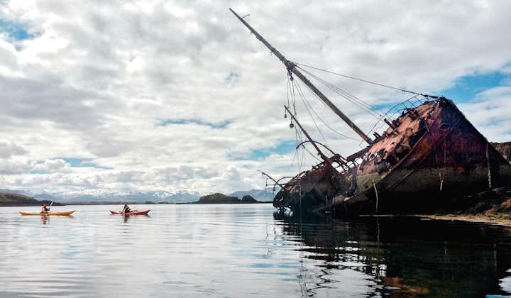 A wrecked fishing trawler which sits on an island in Breiðafjörður Bay.