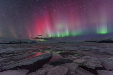 Northern Lights dance in brilliant pinks and greens over Jökulsárlón glacial lagoon, 'The Crown Jewel of Iceland'.