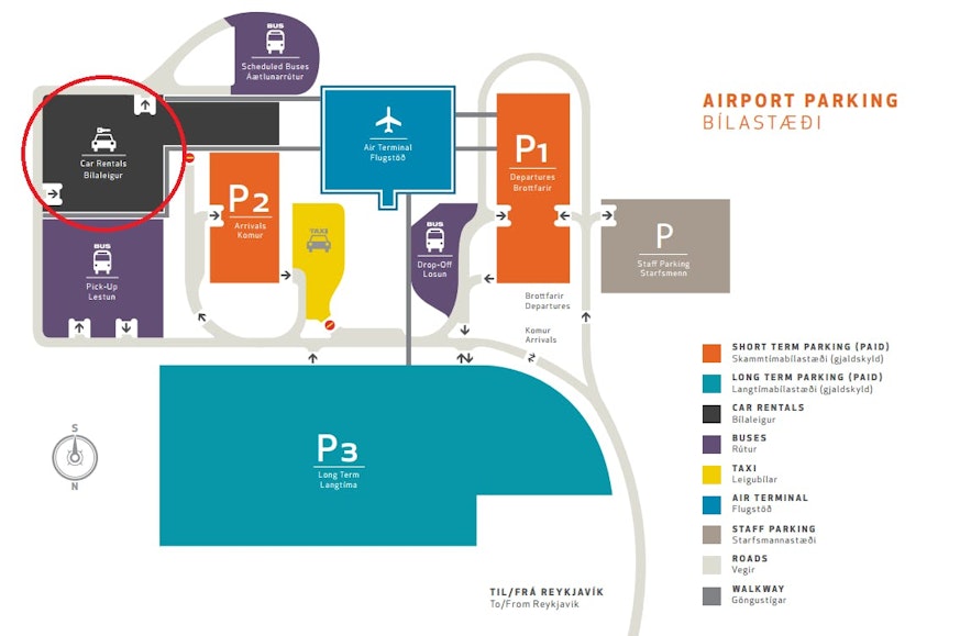凯夫拉维克国际机场的租车服务台分布图。