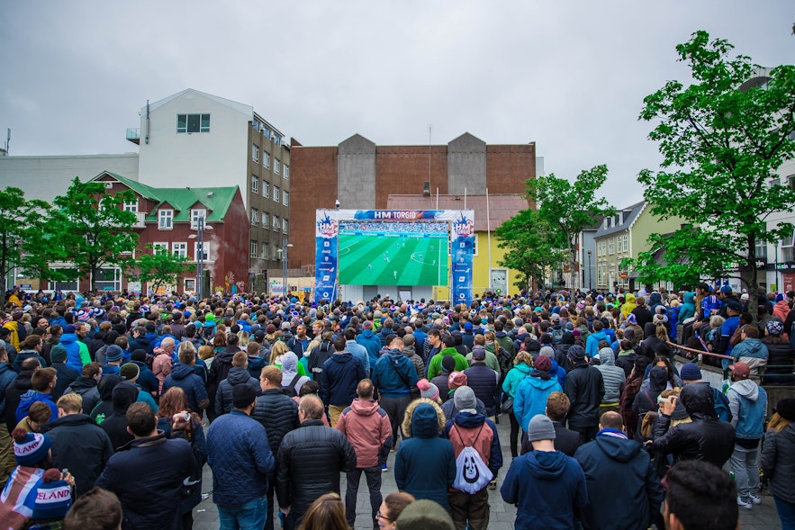 A large crowd gathering at Ingólfstorg square to watch Iceland vs Nigeria at the World Cup