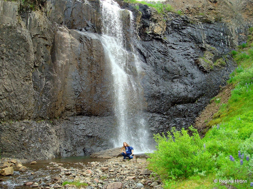 Regína by Ljósárfoss waterfall in Hallormsstaðaskógur forest