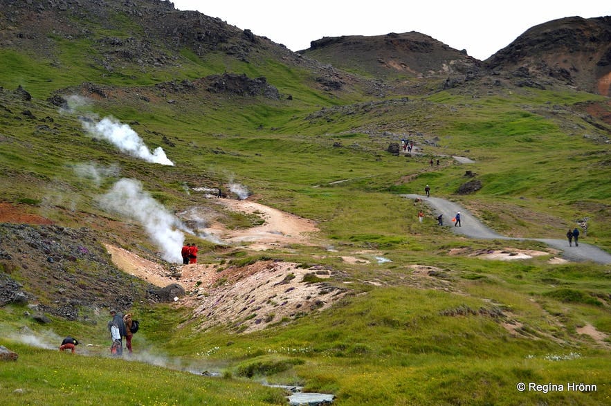 Landskap på väg till Reykjadalurs varma källflod på Island