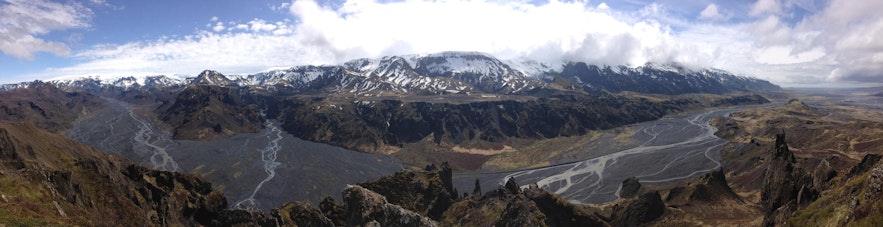 360° view over Þórsmörk valley in the south of Iceland highlands