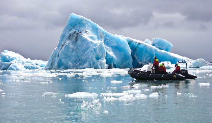 Speed across Jökulsárlón glacier lagoon on a zodiac boat.