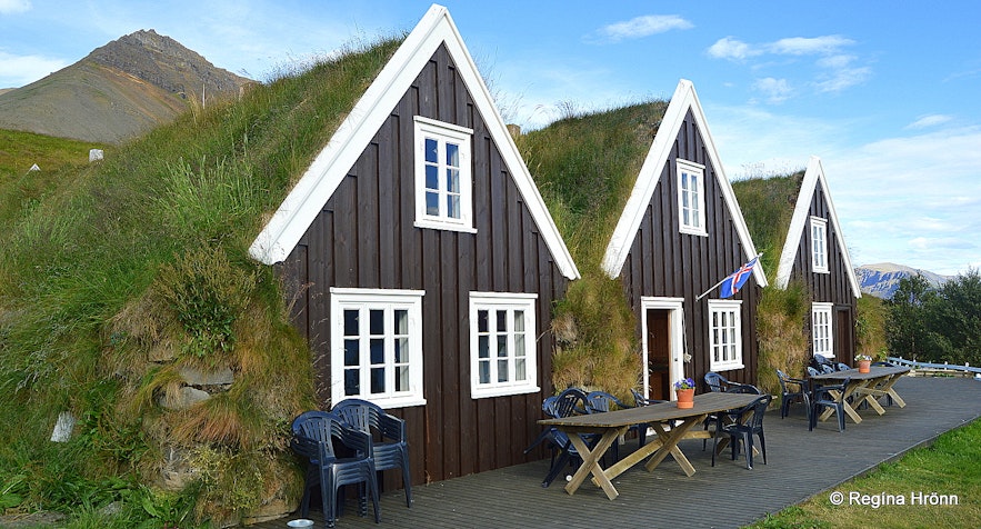 The exterior of Icelandic turf houses. 
