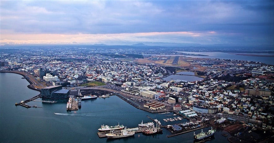 An aerial view over Reykjavik.