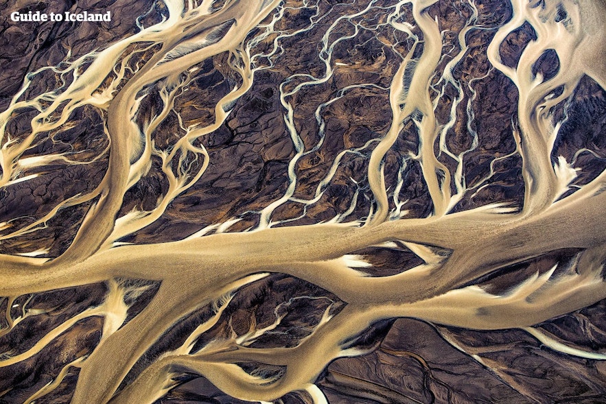 An aerial view over some of Iceland's many rivers and tributaries.