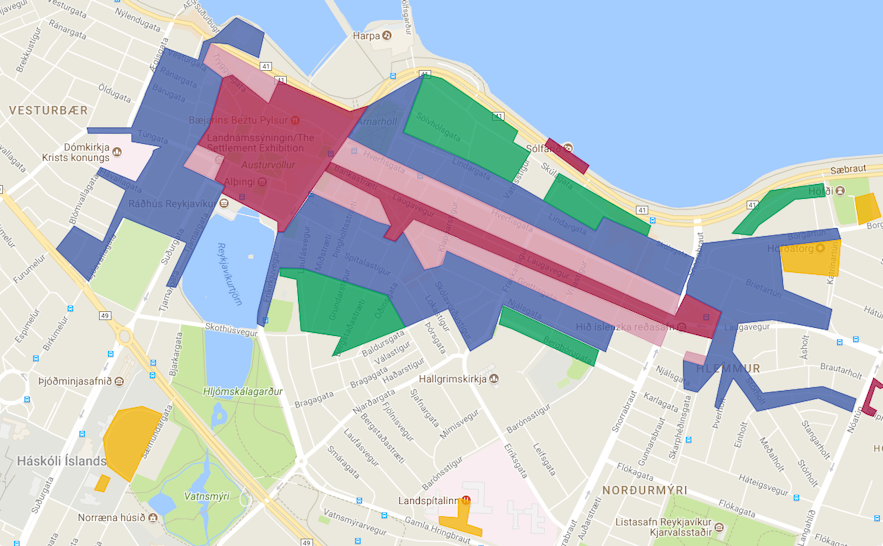 Parkplatzkarte der Innenstadt von Reykjavík.