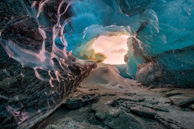 Glacial ice caves are formed by melt water tunneling through the glacier during the summer months.