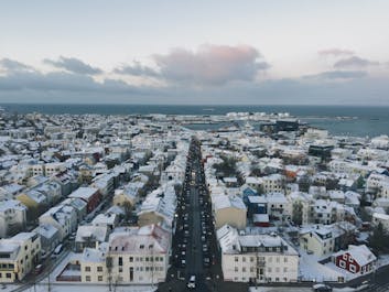 The colourful houses of downtown Reykjavik seen from the top of its most iconic landmark, Hallgrimskirkja.