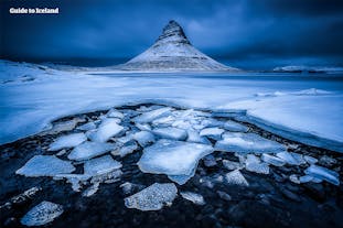 A frosty view of the mountain Kirkjufell on the Snaefellsnes Peninsula.