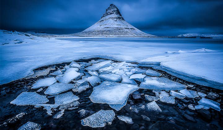 A frosty view of the mountain Kirkjufell on the Snaefellsnes Peninsula.