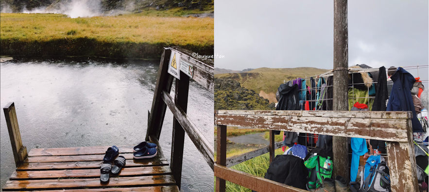 Landmannalaugar 溫泉放置衣物的架子和入水處