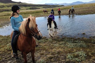Mensen genieten ervan om te paard een rivier over te steken tijdens een 3-uur durende paardrijtocht op gemiddeld niveau in Noord-IJsland.