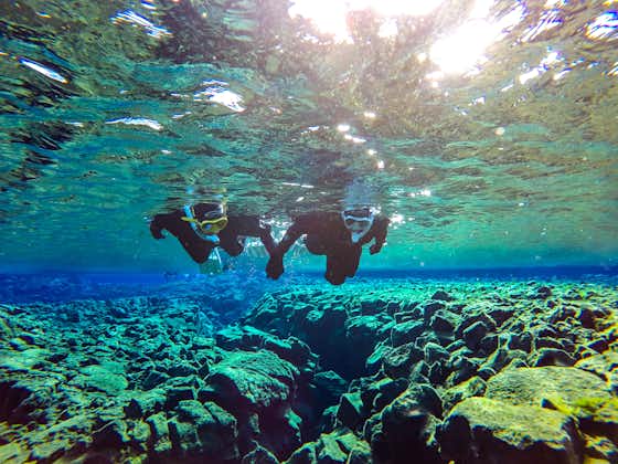 Snorkelling couple explores the bottom of the shallow end of the Silfra fissure.