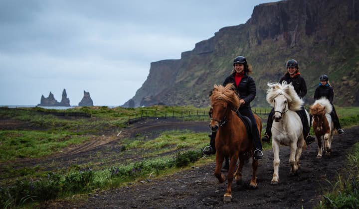 아이슬란드 남부 비크. 말을 타고 높은 절벽 아래를 지나 검은 해변으로 향하고 있는 여행자.