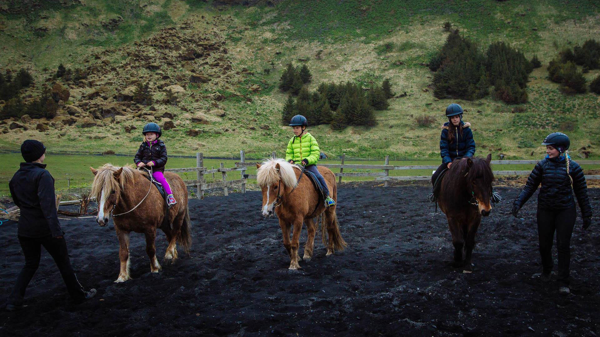 Les cavaliers apprenant à monter un cheval sur la plage vers Vik