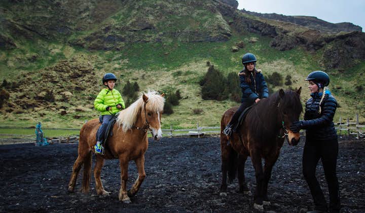 Two kids on horses in south Iceland, learning how to ride.