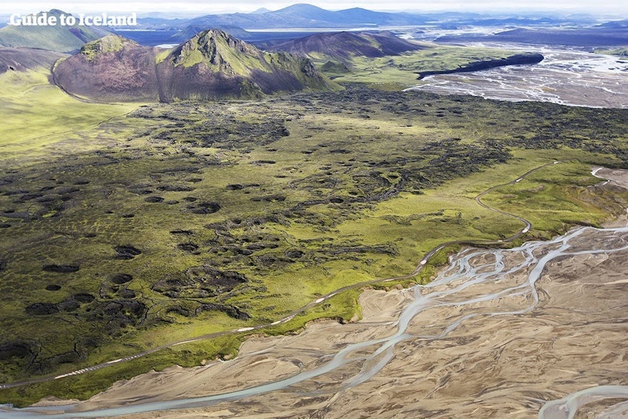 An aerial view over the Central Highlands of Iceland.