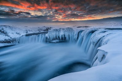 Between Akureyri and Mývatn is a spectacular waterfall, Goðafoss, captured here in winter.