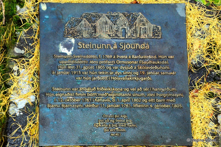 Steinunn á Sjöundá plaque on her grave in Hólavallakirkjugarður cemetary in Reykjavík