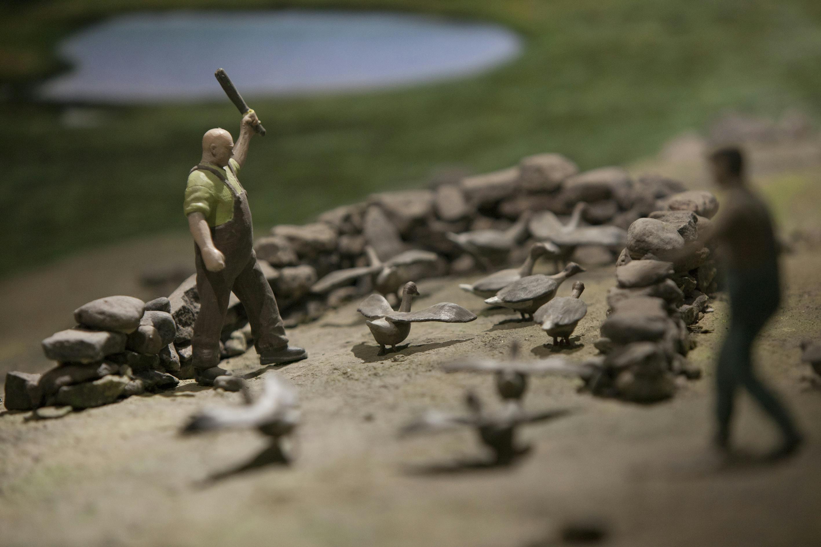 A display at the Wilderness museum, of a man who seemingly does not like ducks.