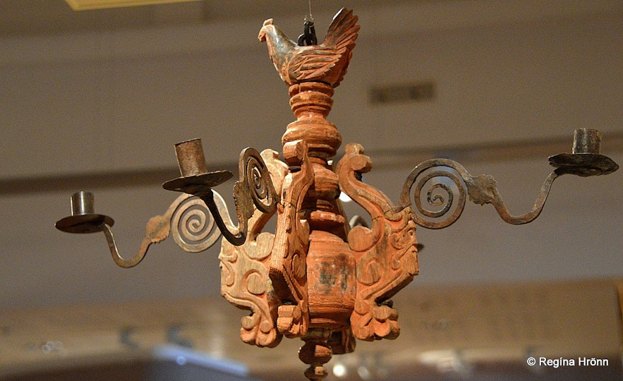 An old chandelier from Hálskirkja church on display at the National Museum of Iceland