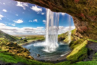 Behind the falling water at Seljalandsfoss waterfall on Iceland's South Coast.